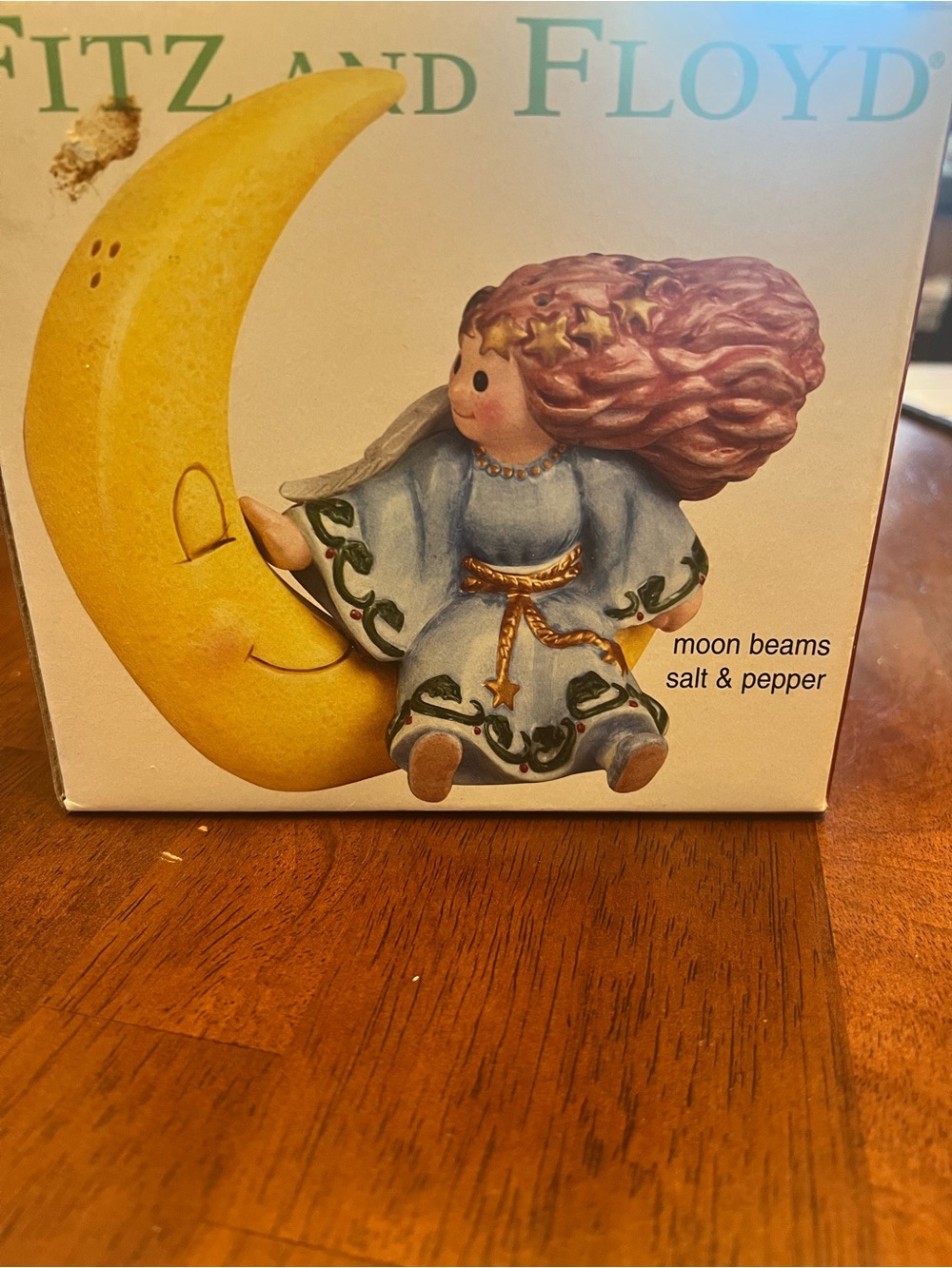 Fitz and Floyd Yellow Moon with Blue-Robed Angel Salt & Pepper Set